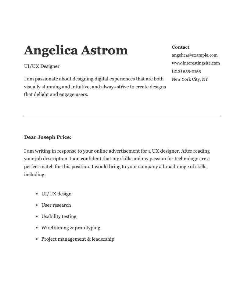 Classic UIUX designer cover letter - Professional cover letter for UI/UX designers featuring clean layout, personal branding, and skills highlights.